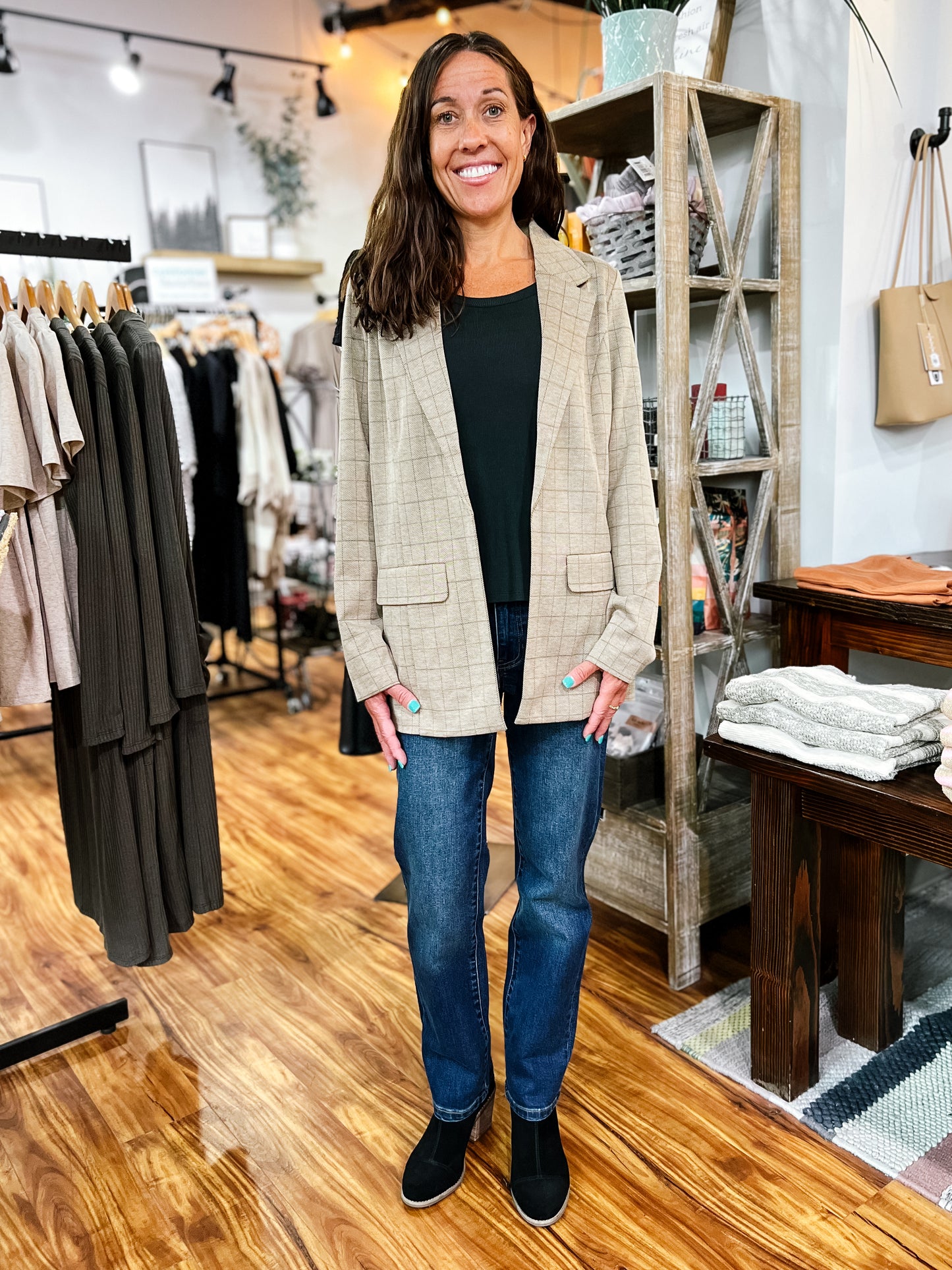 Khaki Checked Boyfriend Blazer
