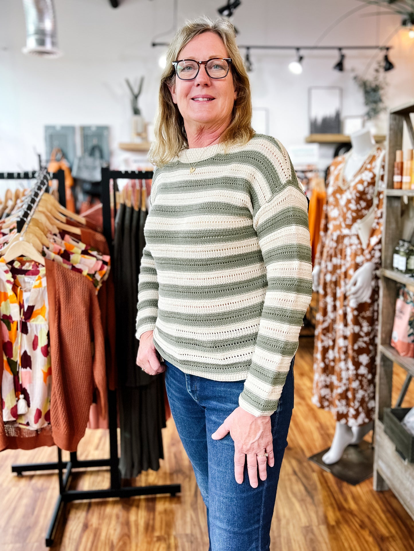 Olive/Cream Stripe Crochet Sweater