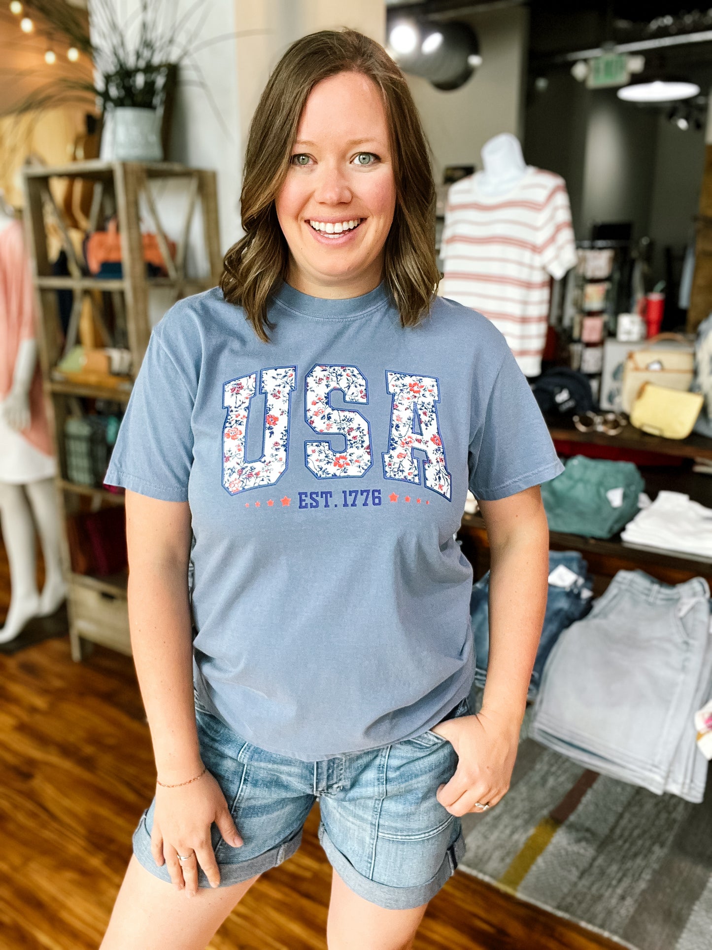 Blue Floral USA T-Shirt