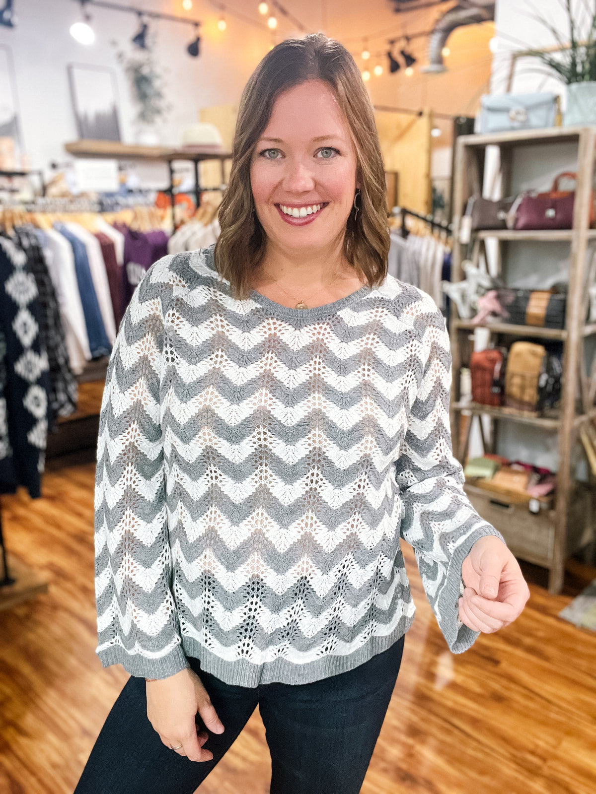 Gray & White Chevron Knit Sweater