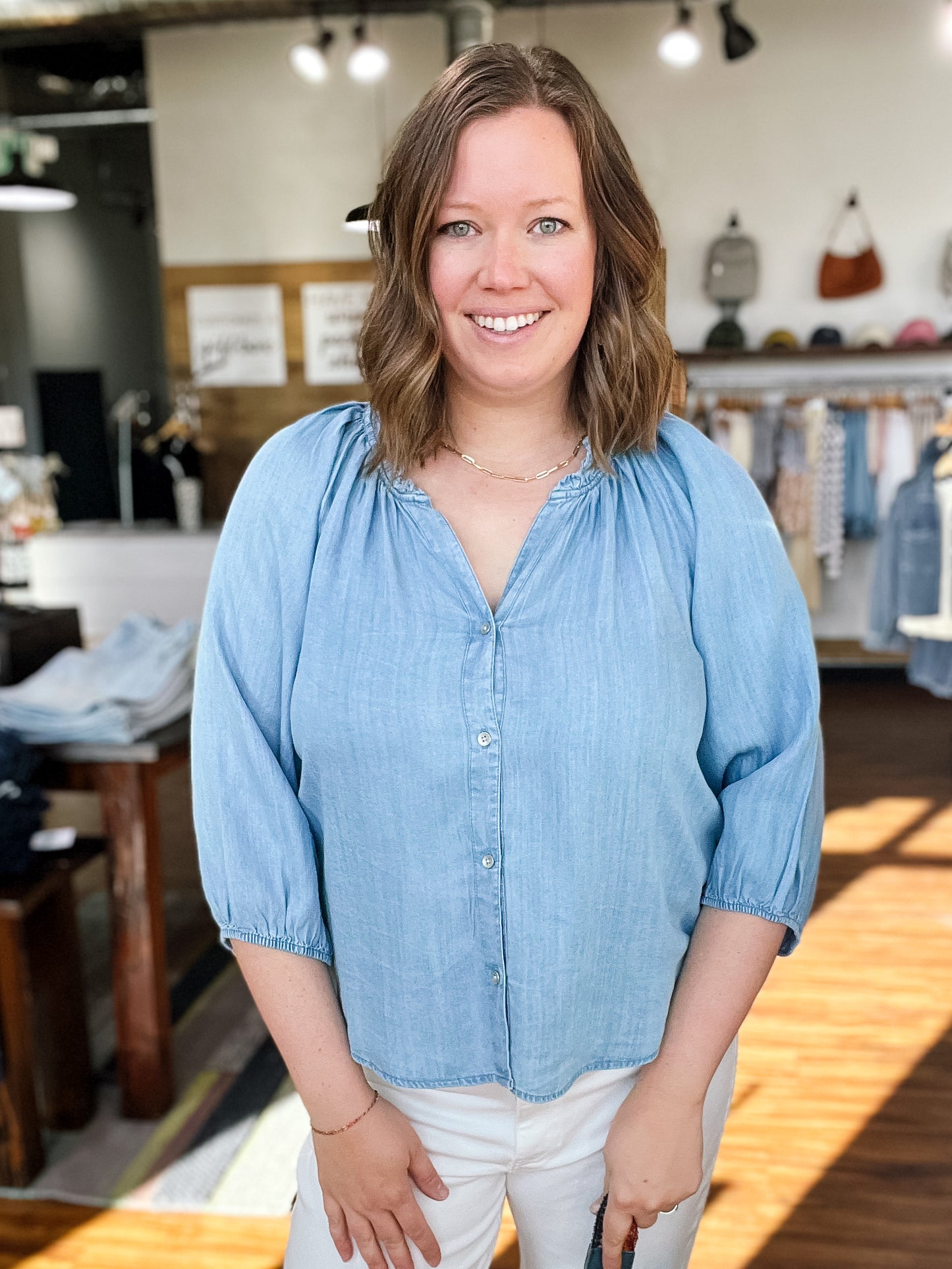 Chambray Button Front Blouse W/ Ruffle Neck