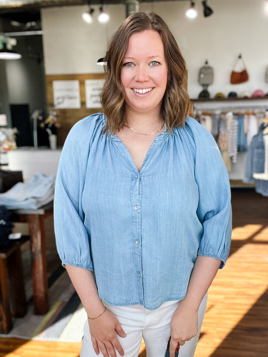 Chambray Button Front Blouse W/ Ruffle Neck