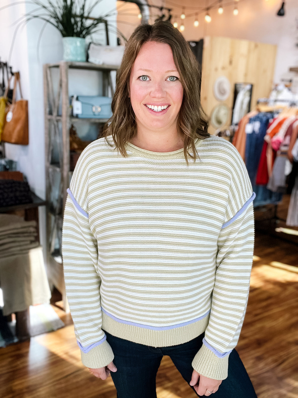 Beige W/White Stripe Sweater
