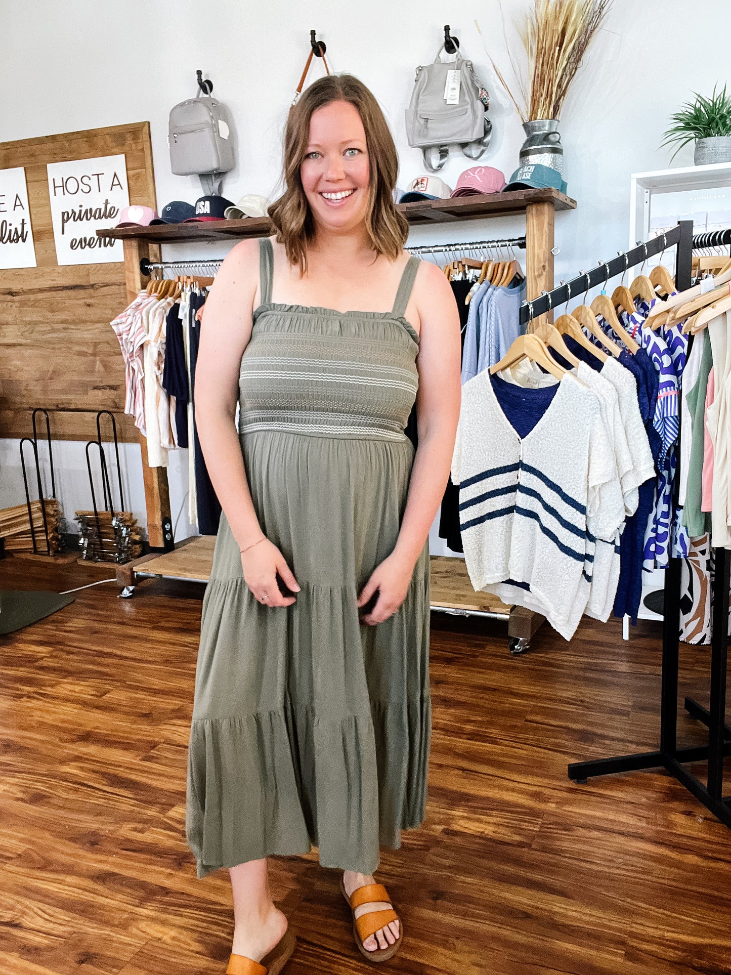 Olive Embroidered Midi Tank Dress