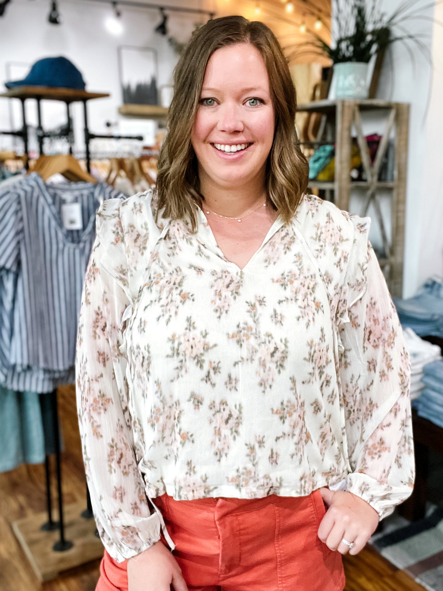 Cream Floral Ruffle Shoulder Top