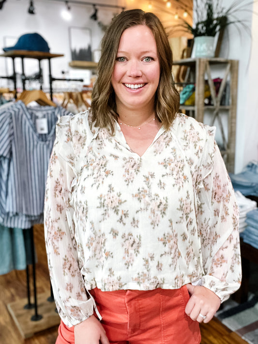 Cream Floral Ruffle Shoulder Top