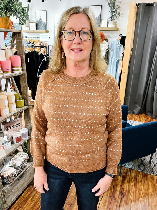 Camel Sweater W/ Ivory Texture Stripe