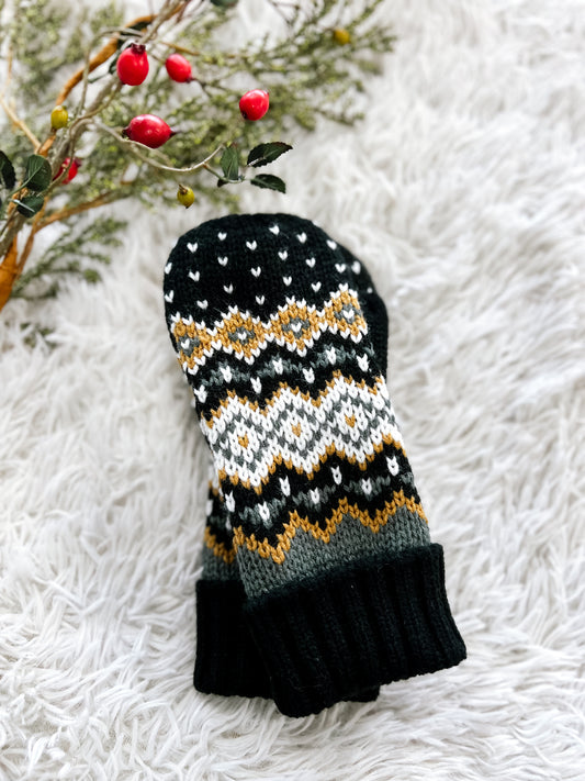 Black, White, Mustard & Blue Patterned Mittens