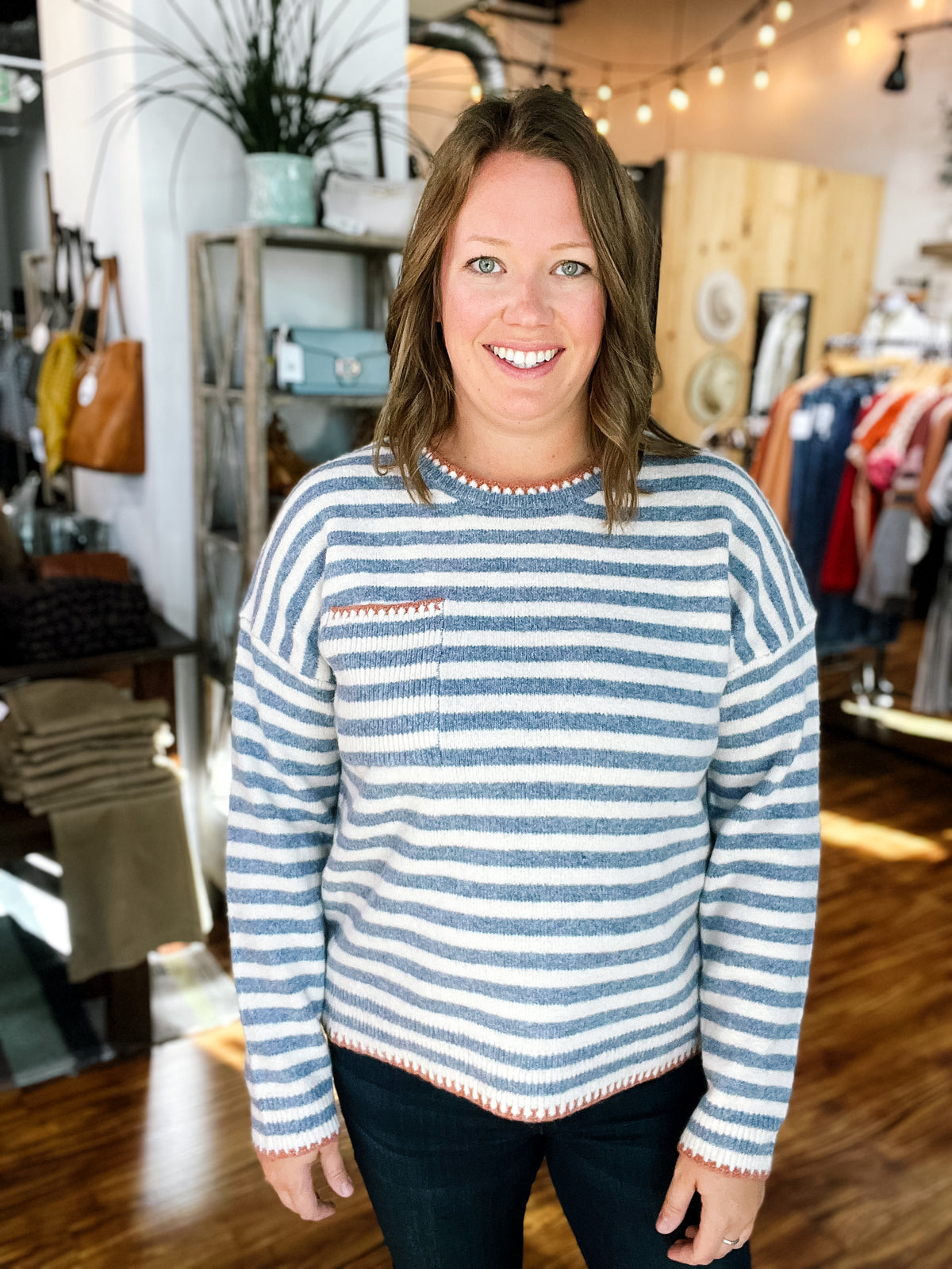 Cream And Slate Blue Striped Sweater With Rust Stitching Pocket