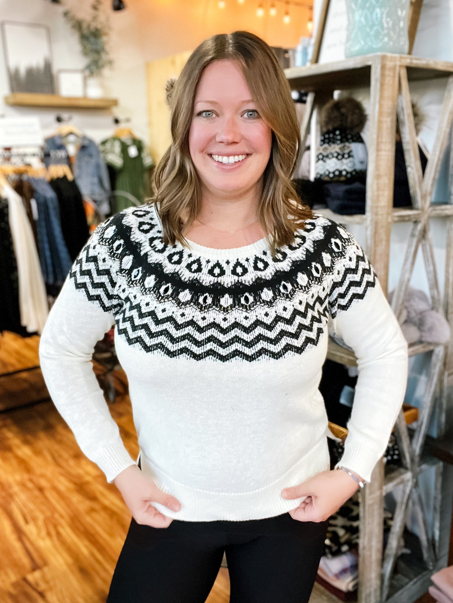 Cream & Black Beaded Sweater