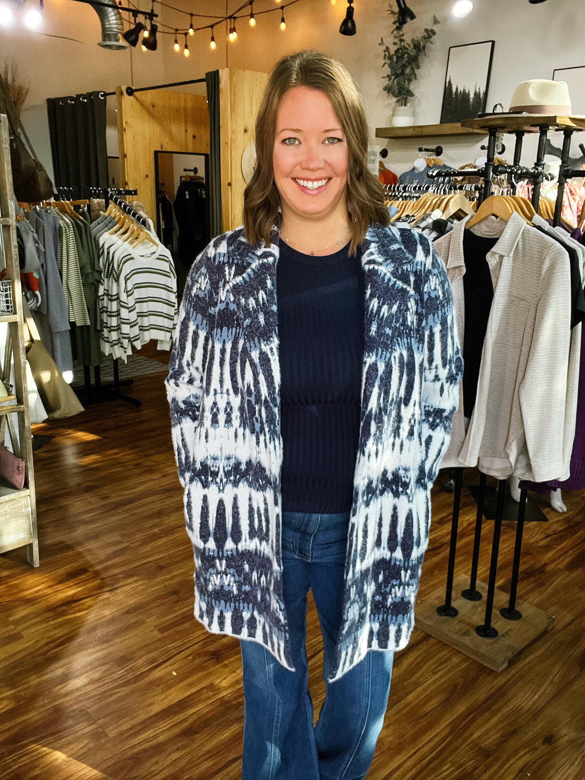 Navy Multi Print Open Front Shacket