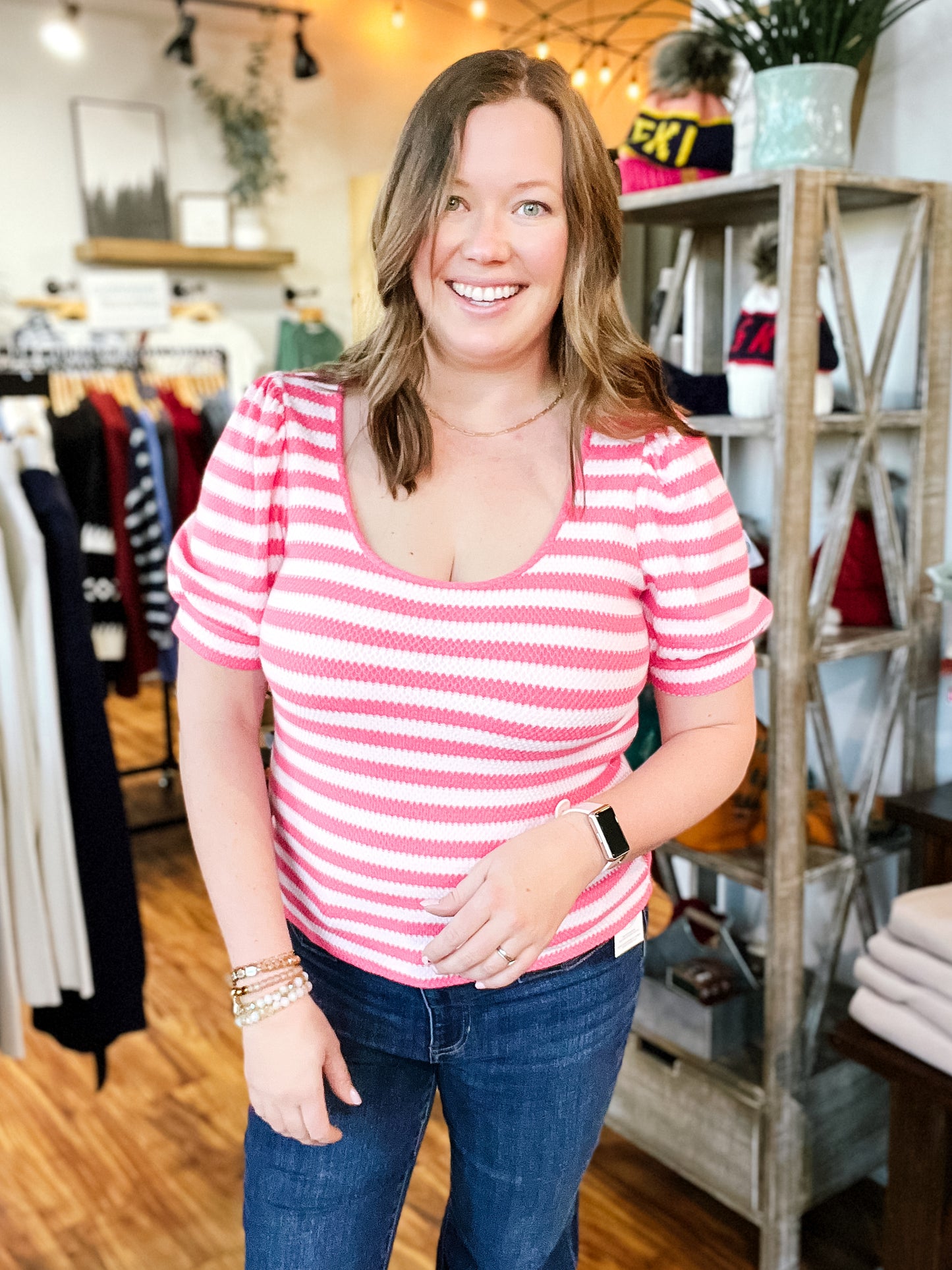 Pink Stripe Short Sleeve Sweater