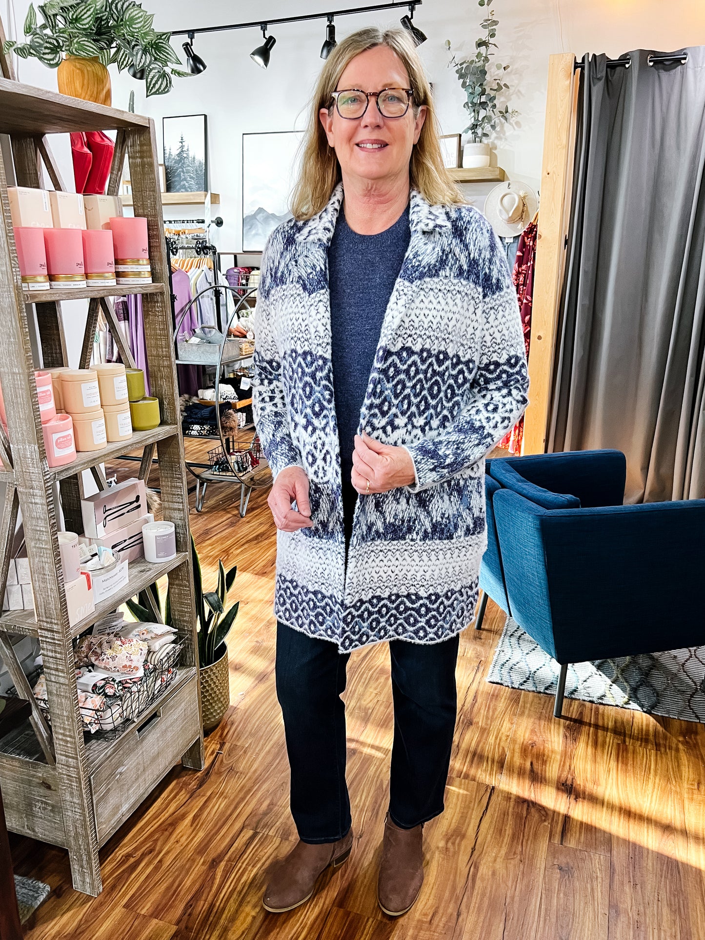 Navy Pattern Long Cardigan
