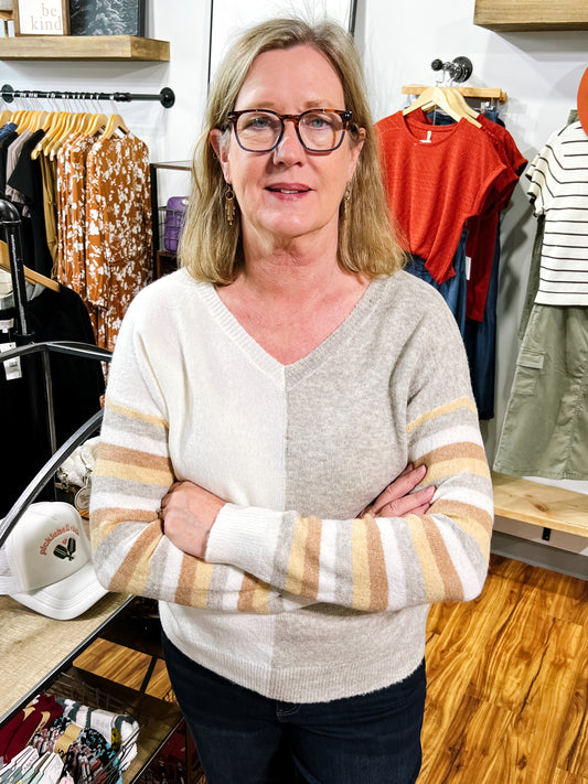 Natural V Neck Color Block Sweater
