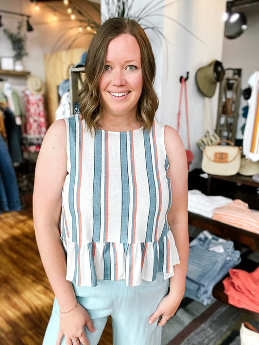 Denim & Vintage Red Stripe Peplum Tank Top