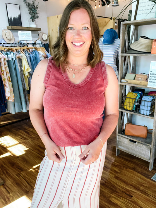 Red Mineral Wash V-Neck Tank Top