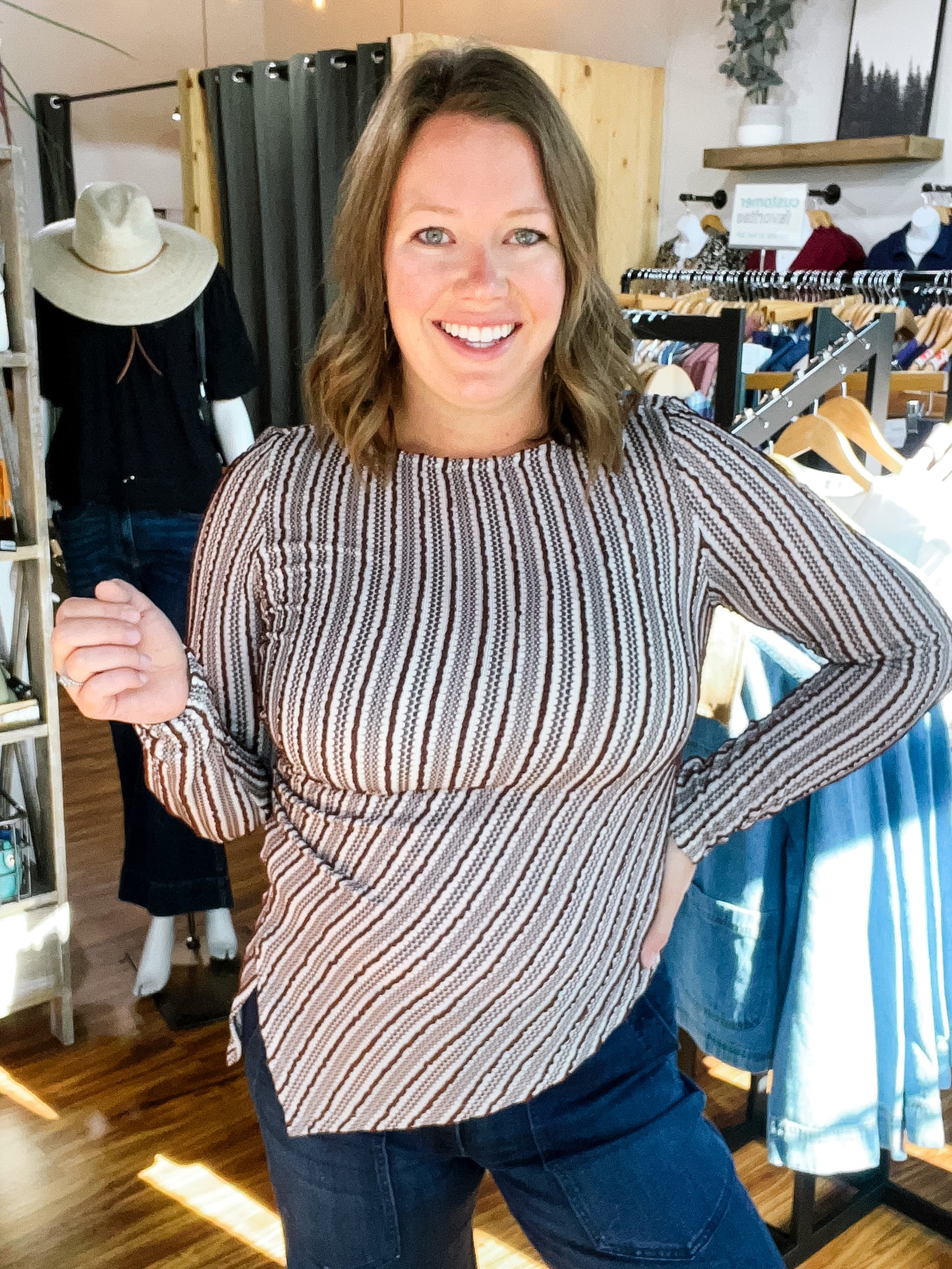 Brown Textured Stripe Boat Neck Top