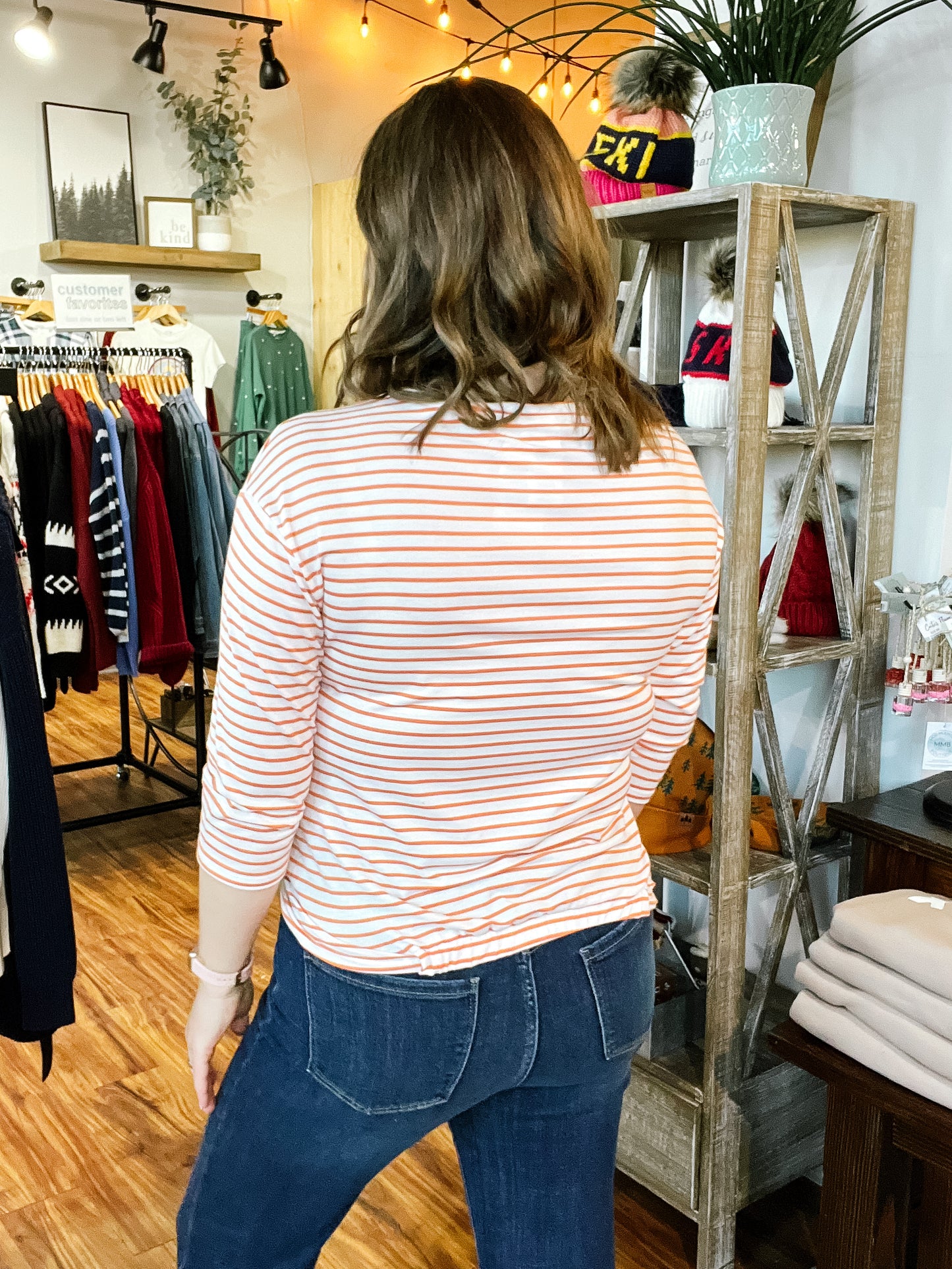 White & Orange Stripe Twist Front Top