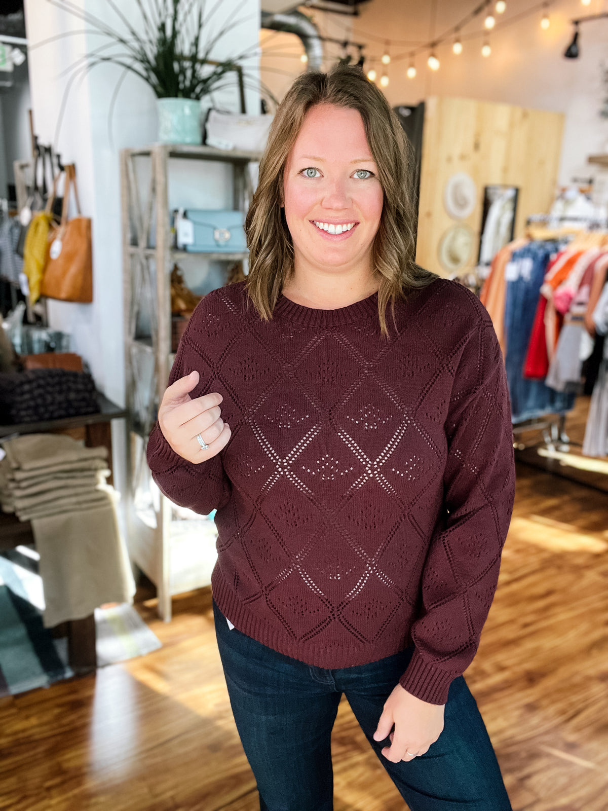 Burgundy Diamond Stitch Sweater