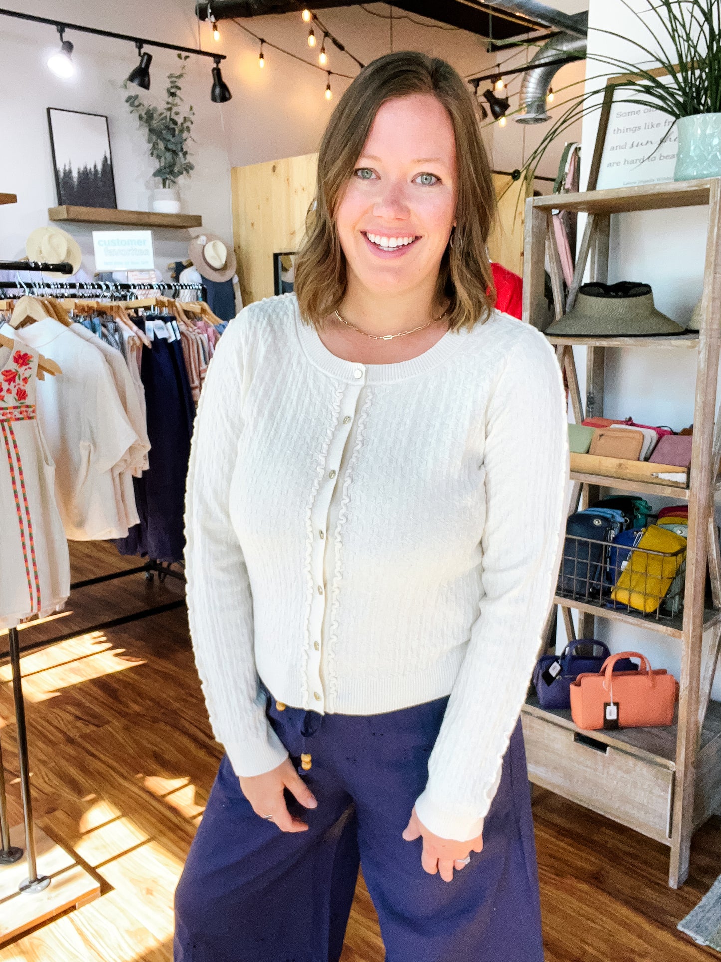 Cream Texture Gold Button Sweater