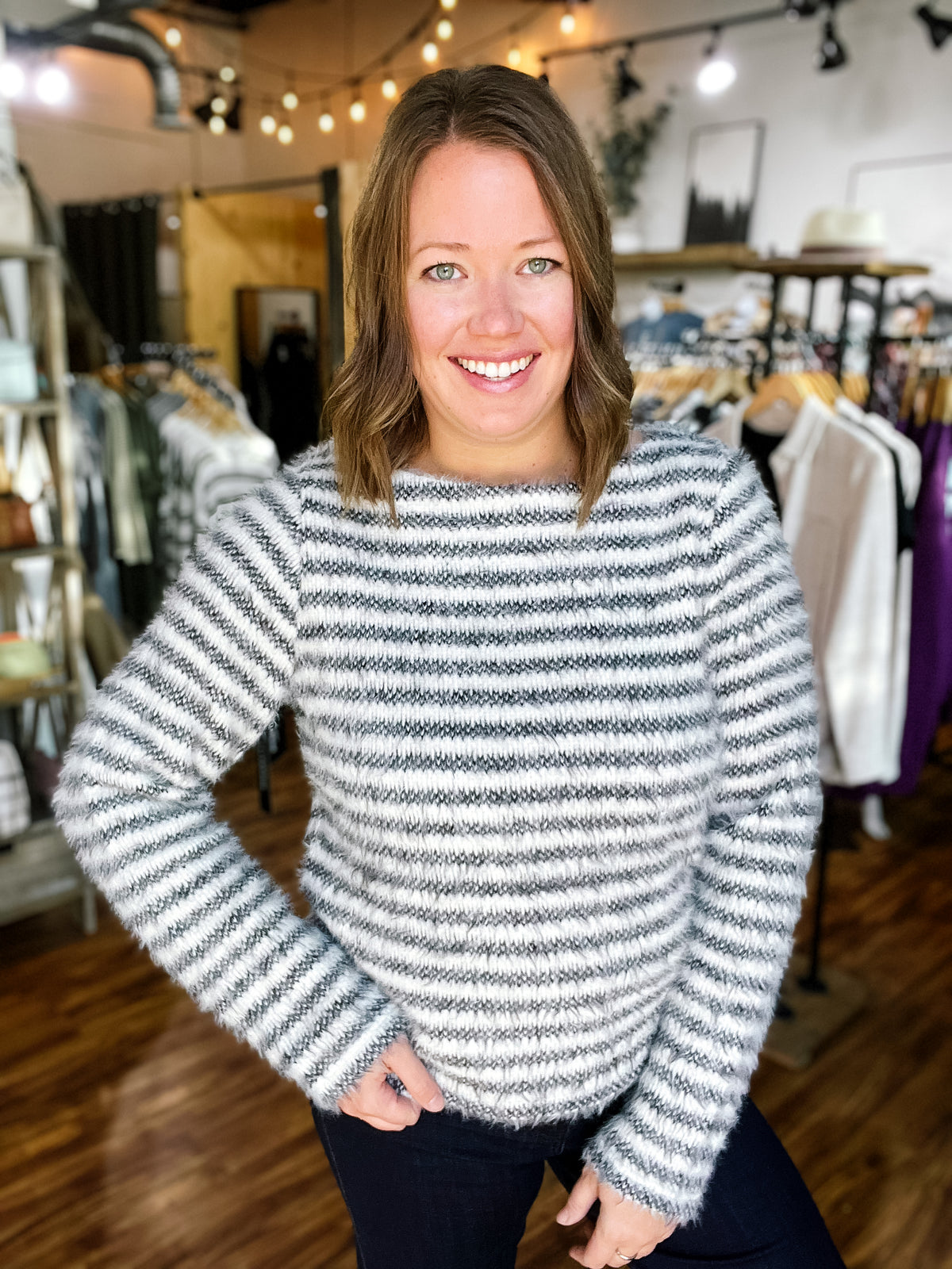 Cream & Black Stripe Boat Neck Sweater