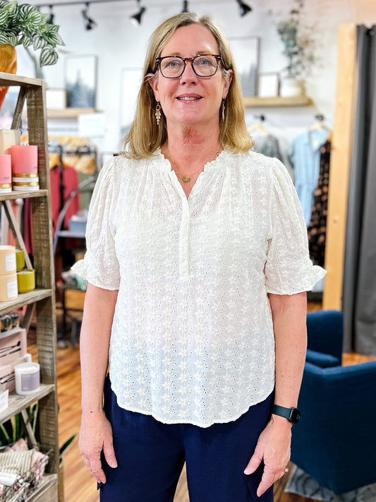 Ivory Eyelet Button Front Top
