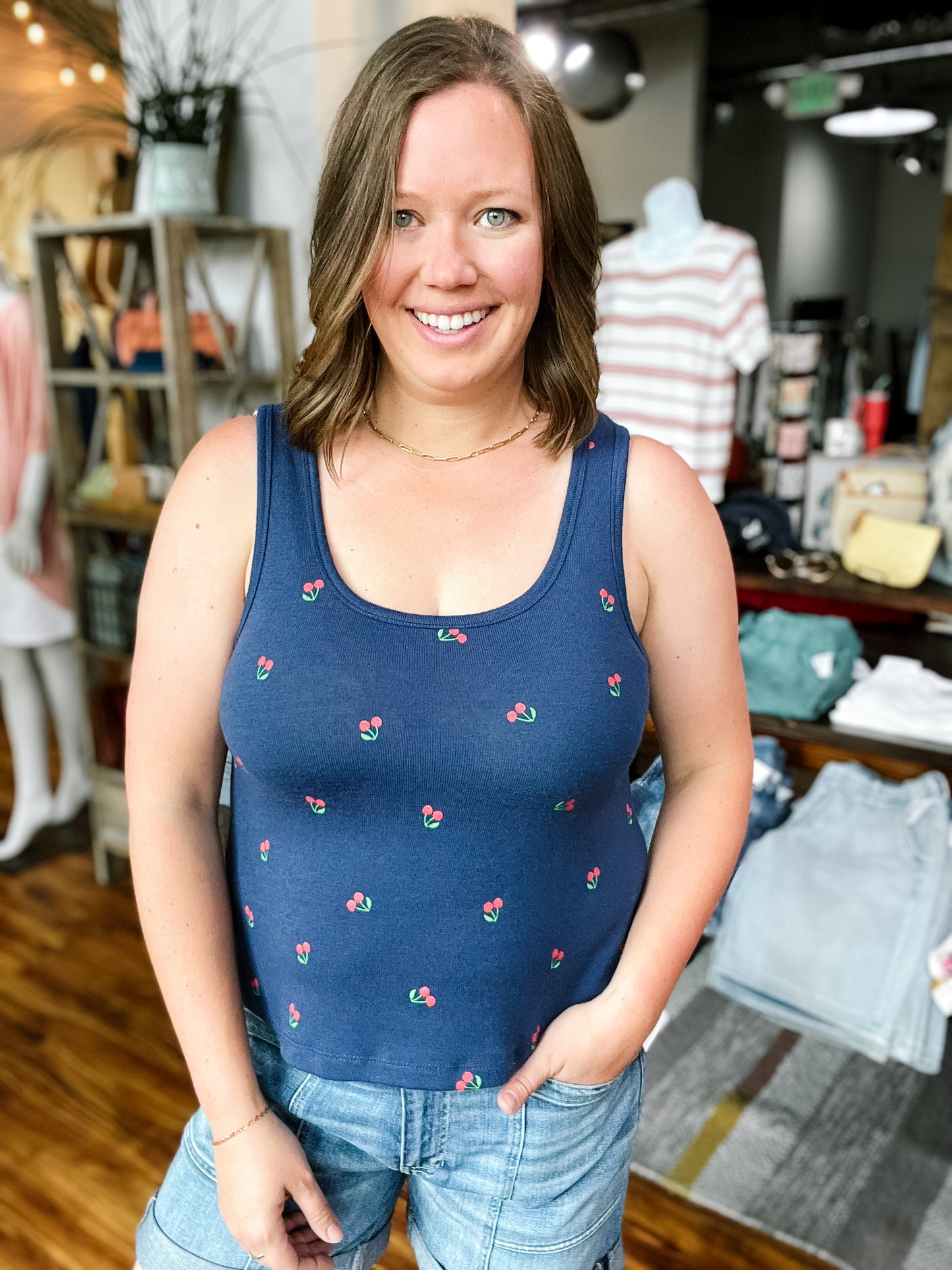 Navy Cherry Tank Top