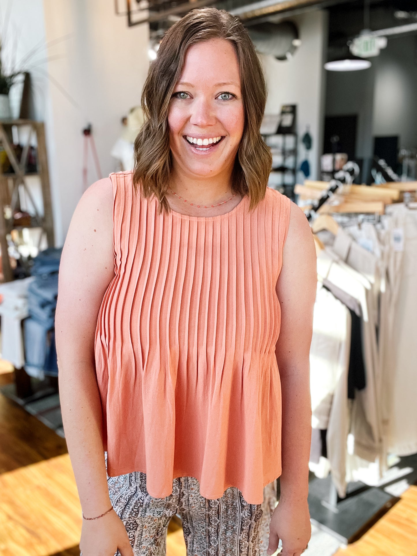 Apricot Pleated Babydoll Tank