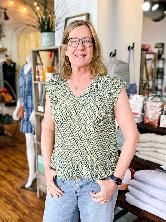 Green Chevron Print Short Sleeve Top