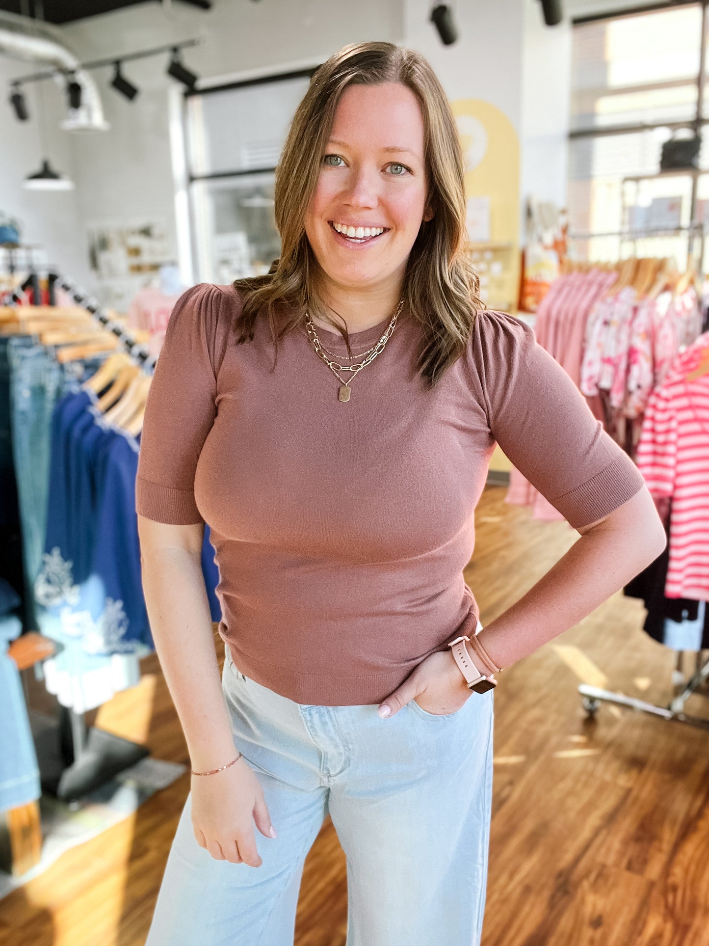 Brown Puff Short Sleeve Sweater