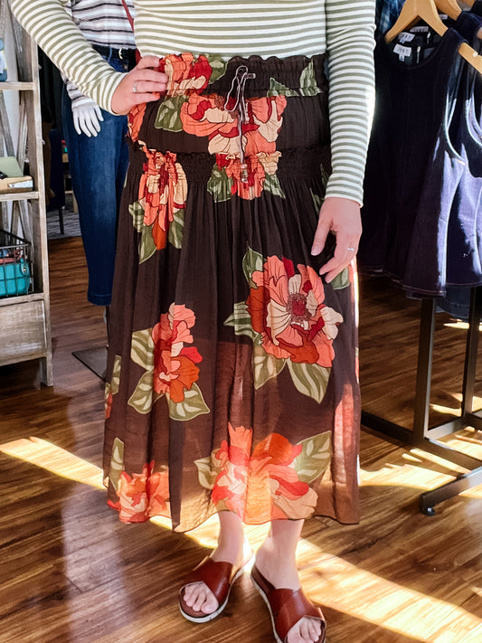 Espresso Brown Boho Skirt with Velvet Tie