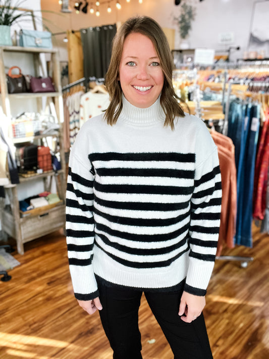 Black & Ivory Striped Mock Turtleneck Sweater