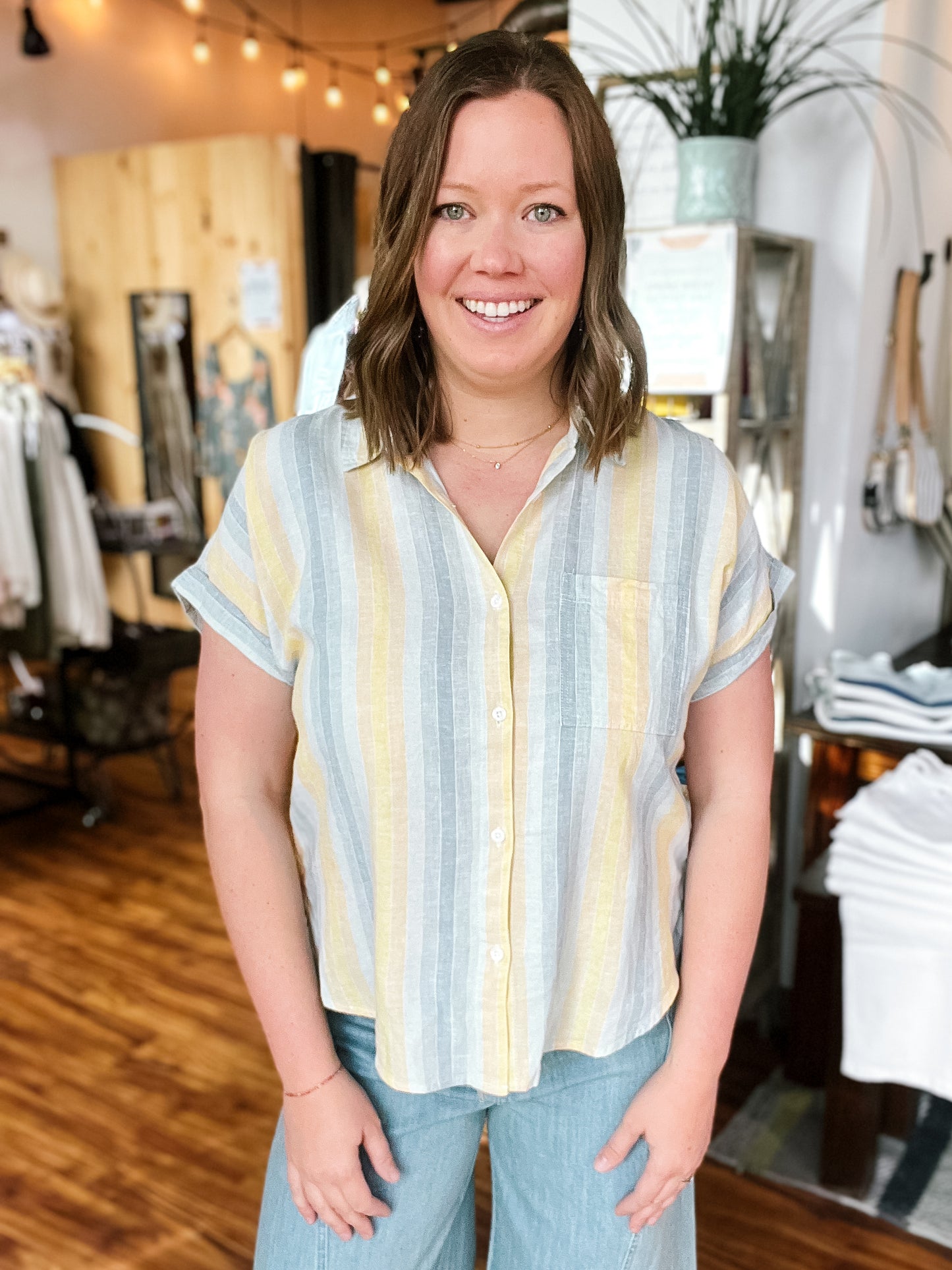Blue & Yellow Multi Stripe Button Up Shirt