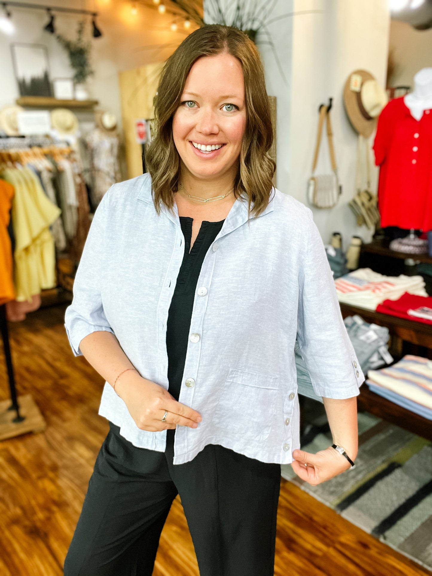 Light Blue Linen Button Front Shirt