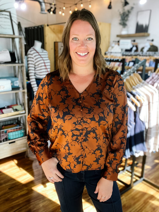 Black & Brown Floral Button Front Blouse