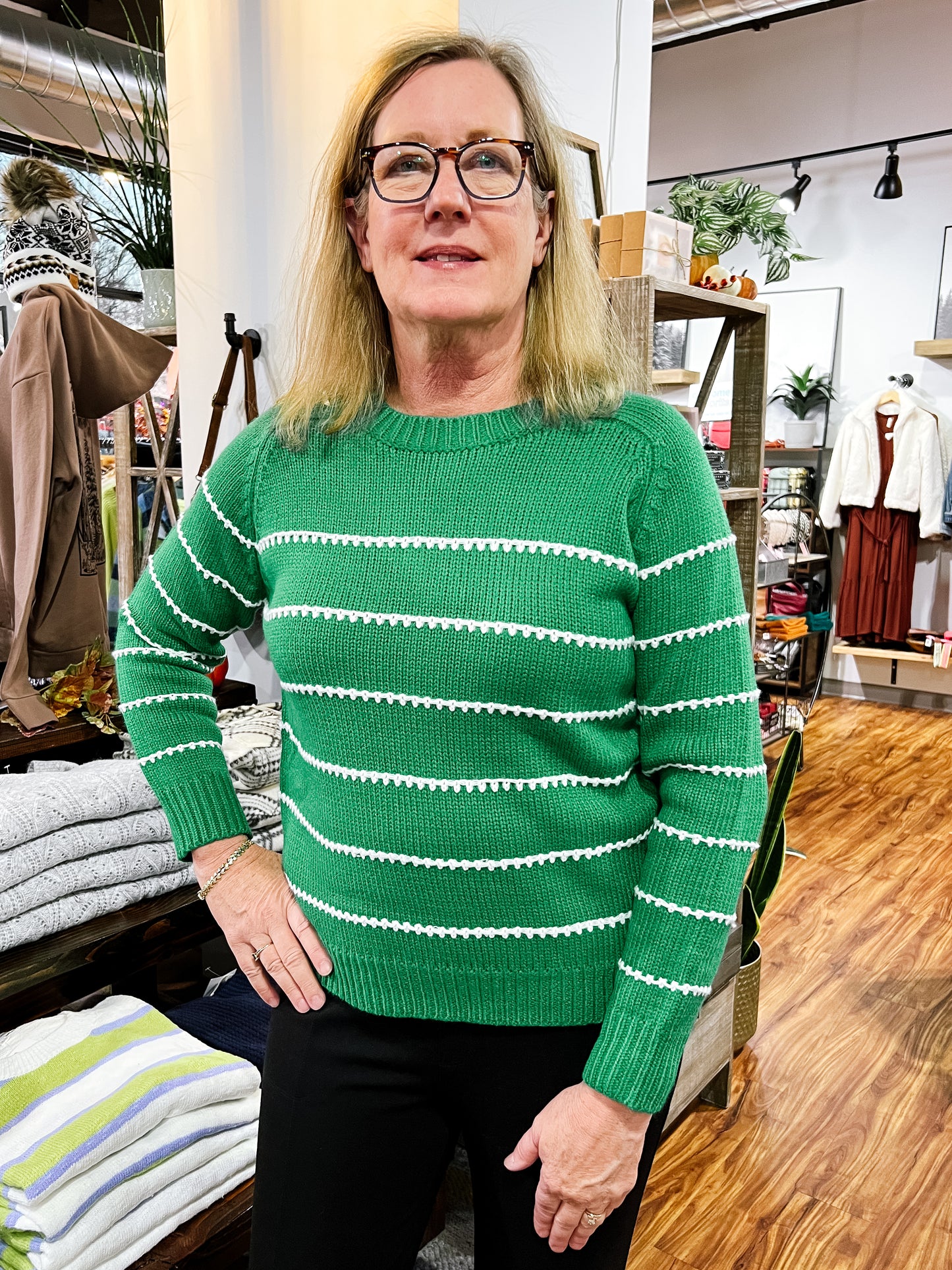 Green Sweater W/White Stripe