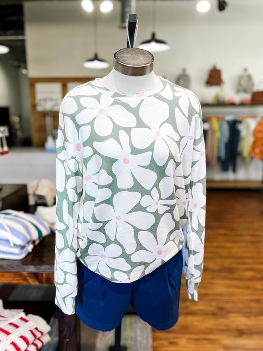 Green W/Cream Flowers Top