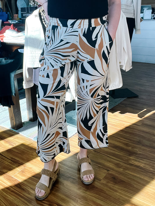 Cream & Tan Print Pull On Pant