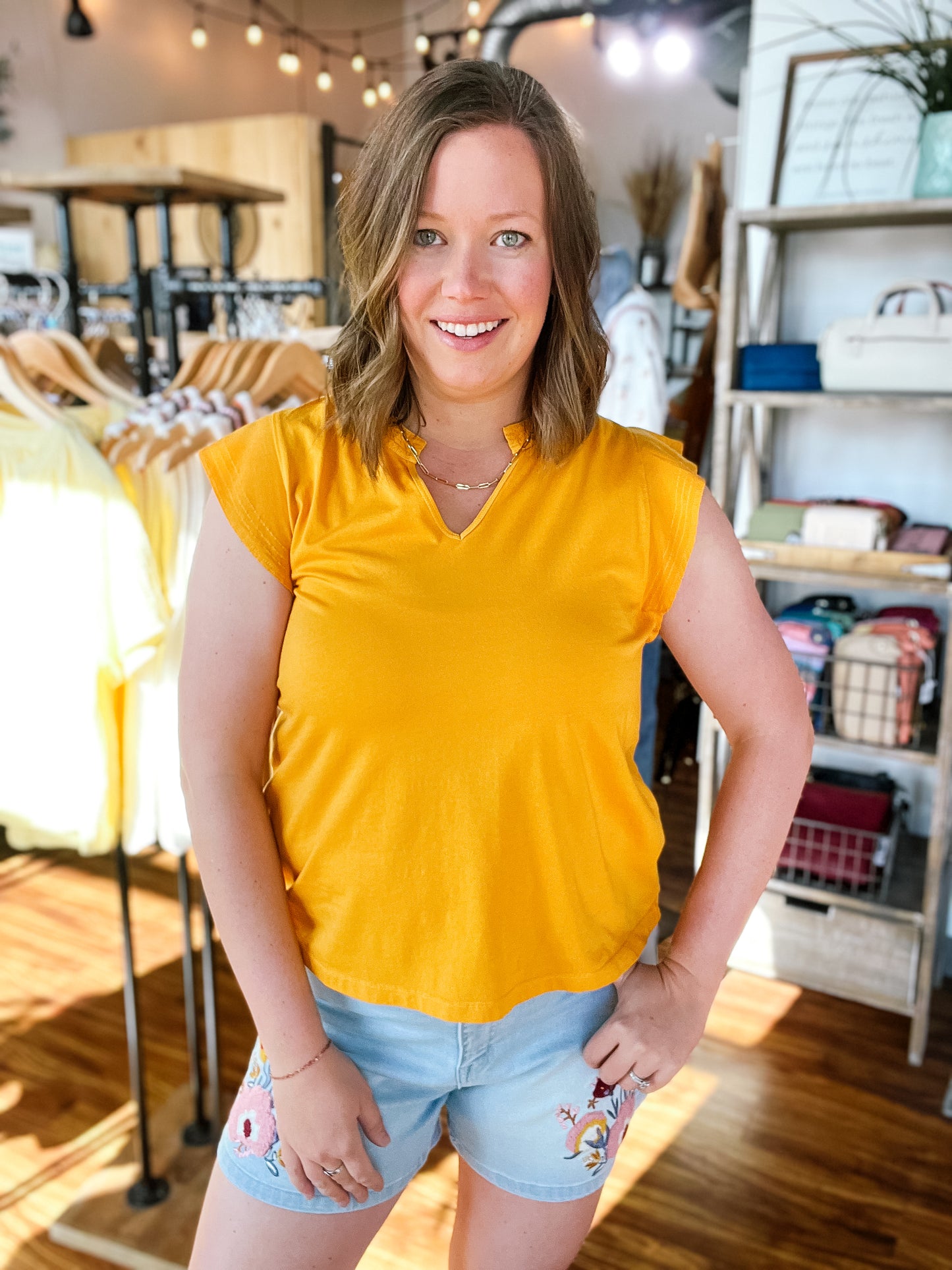 Gold V Neck Ruffle Sleeve Top