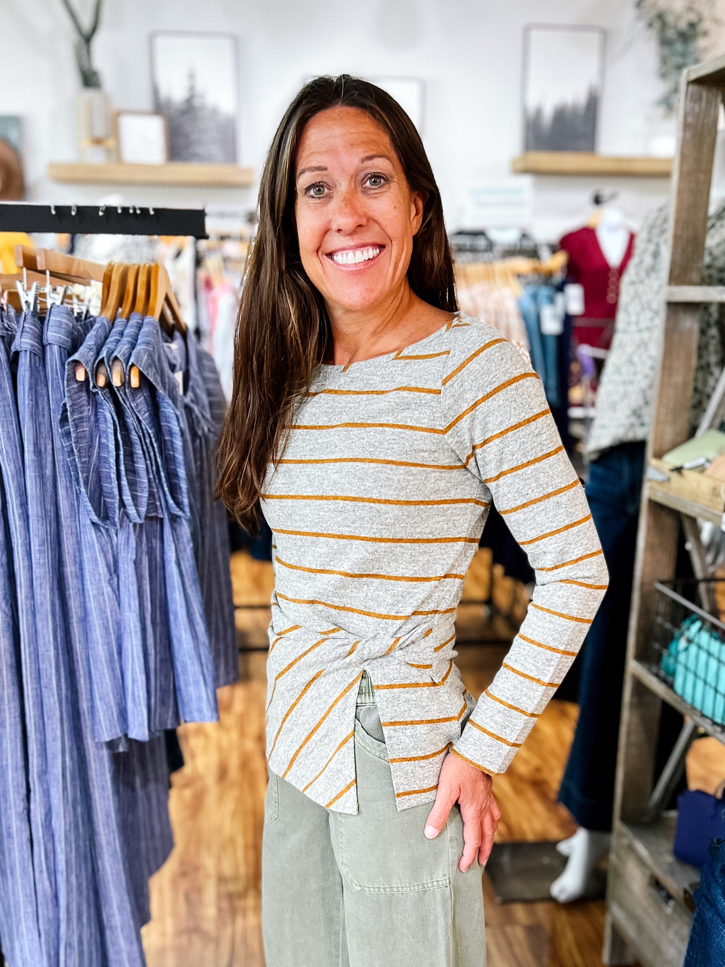 Gray Heather W/Mustard Stripe Top