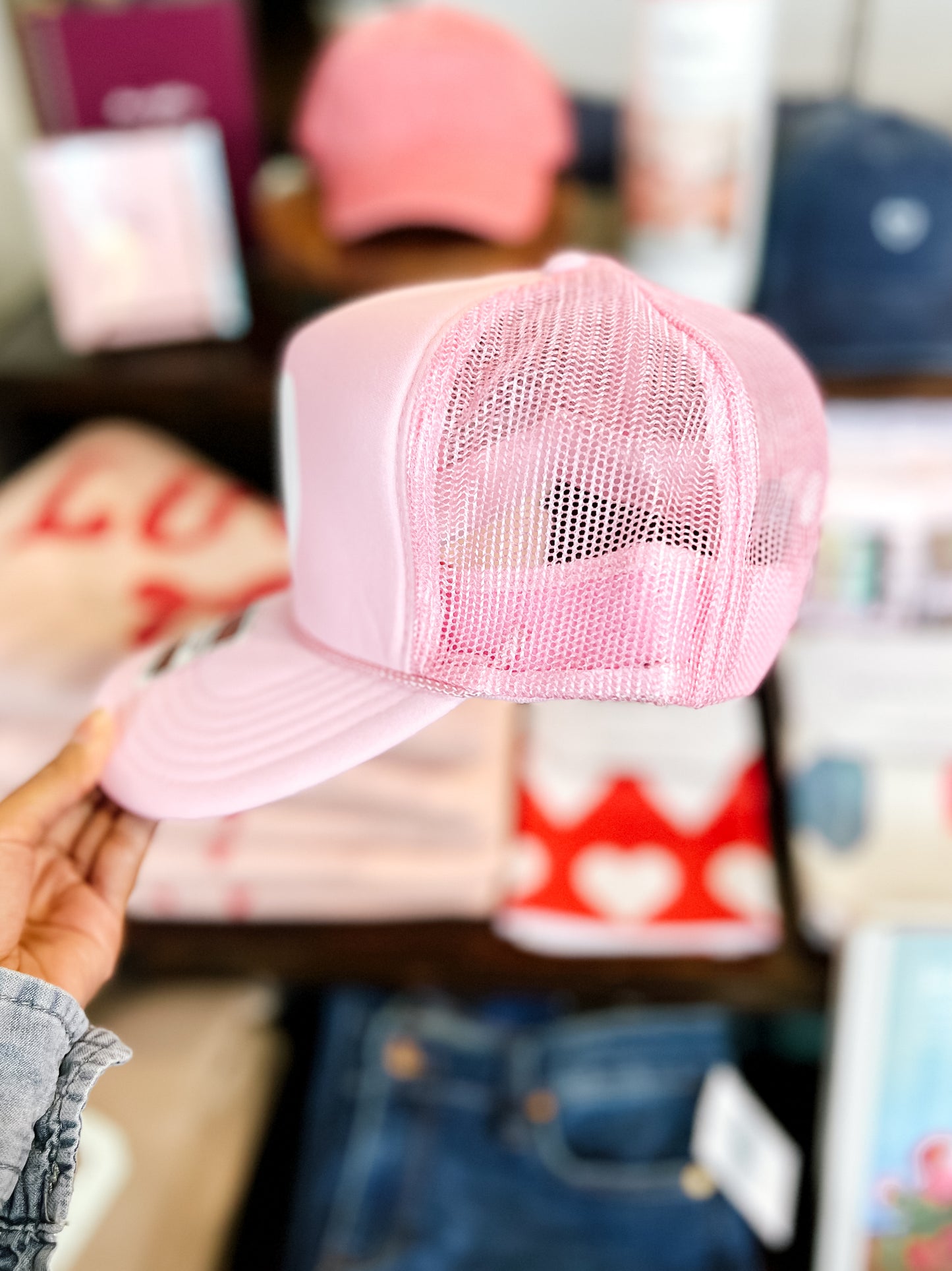 Pink & White Puff Heart Trucker Hat
