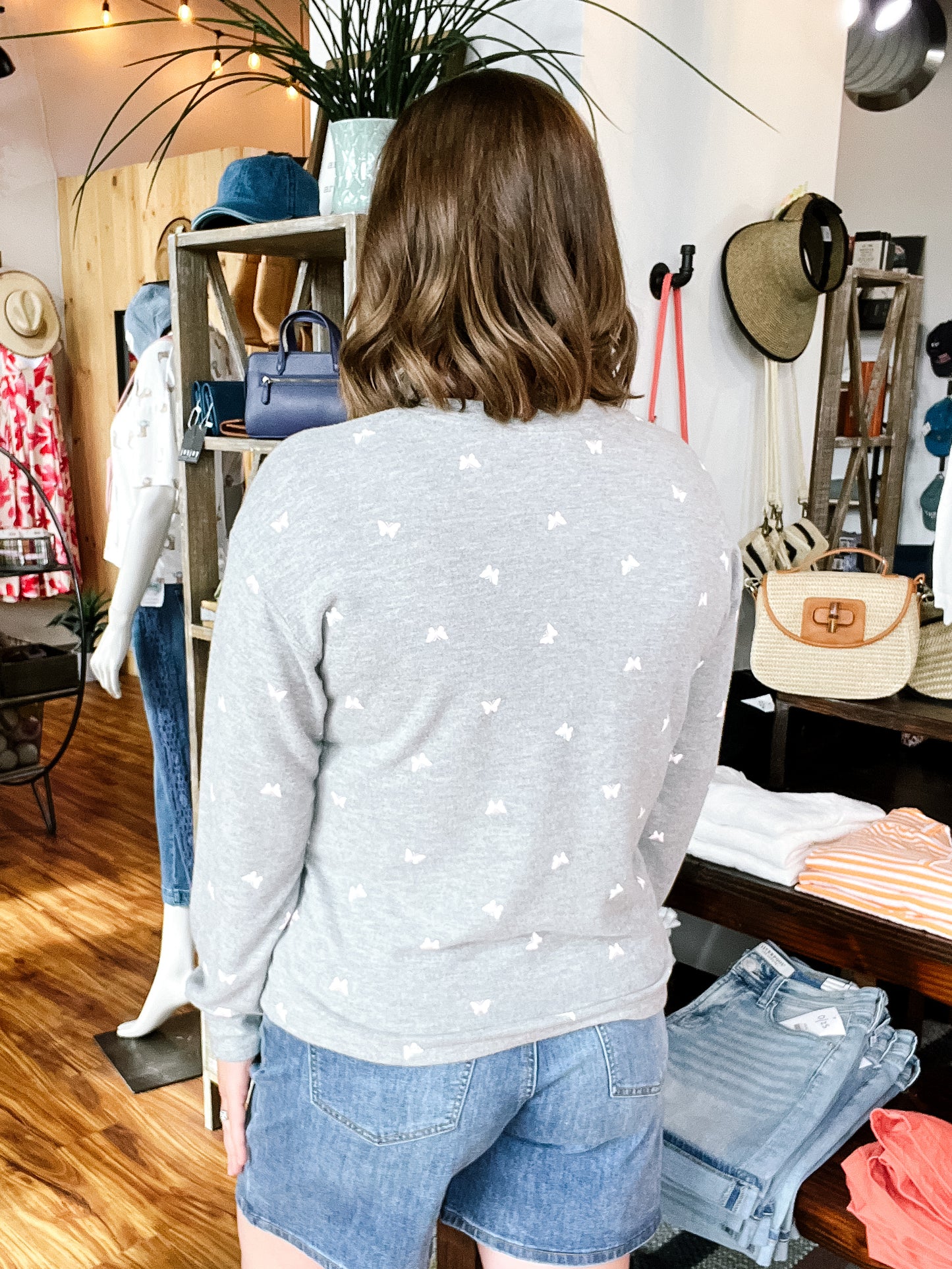 Heather Gray Butterfly Long Sleeve Top
