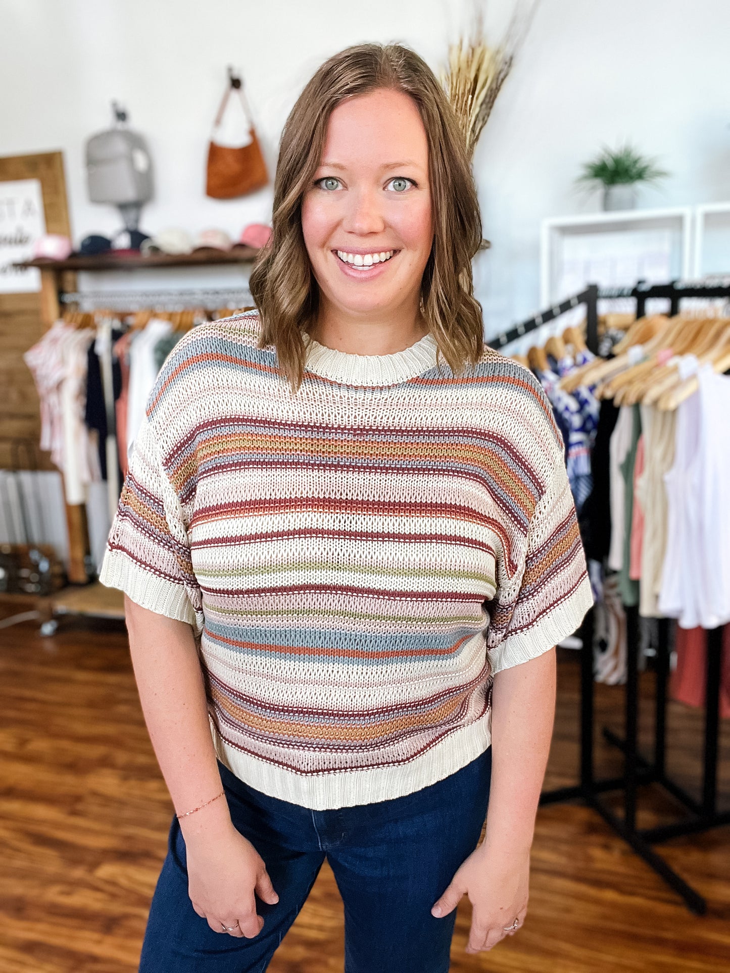 Multi Stripe Short Sleeve Sweater