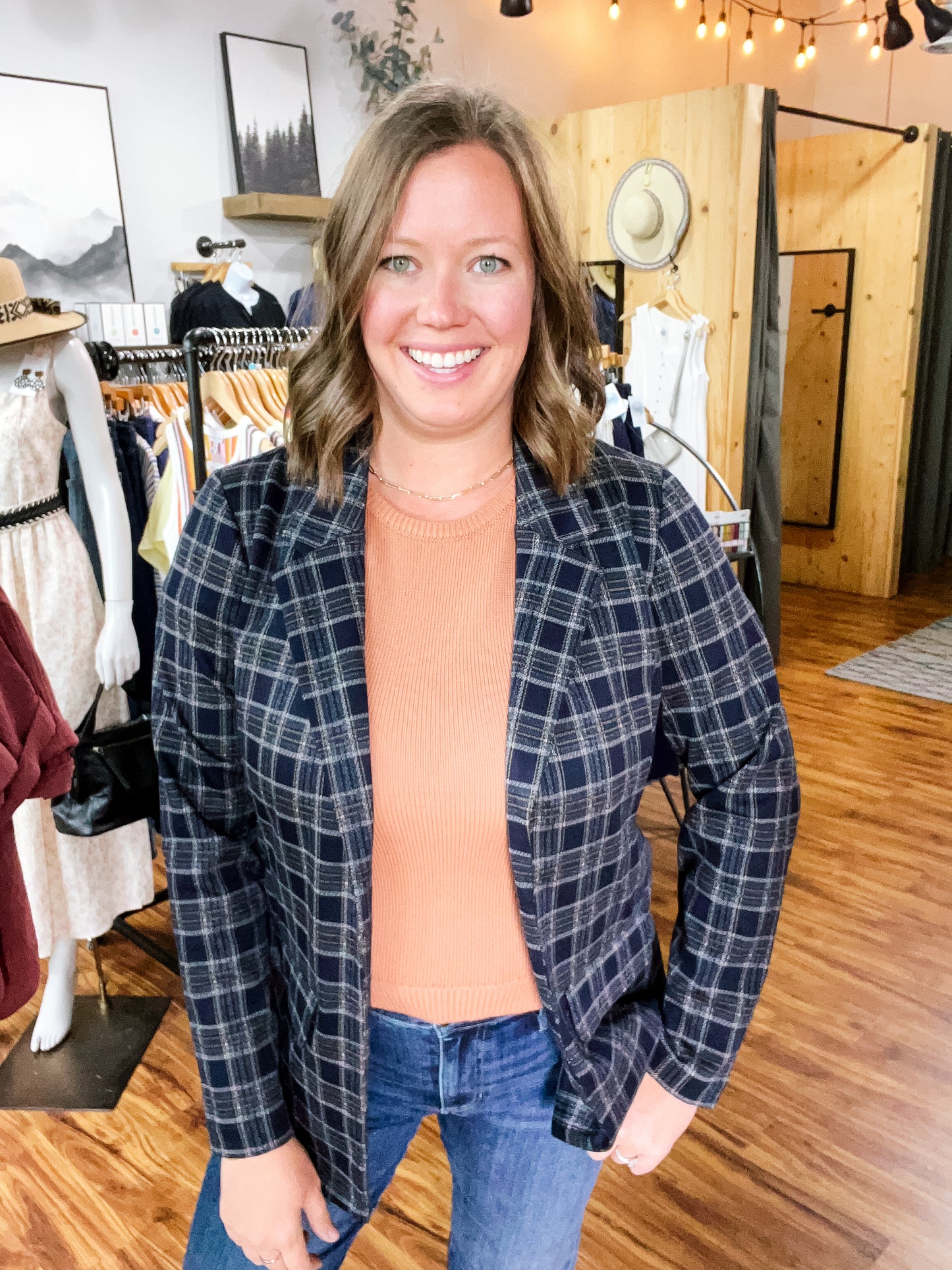 Navy Plaid Boyfriend Blazer
