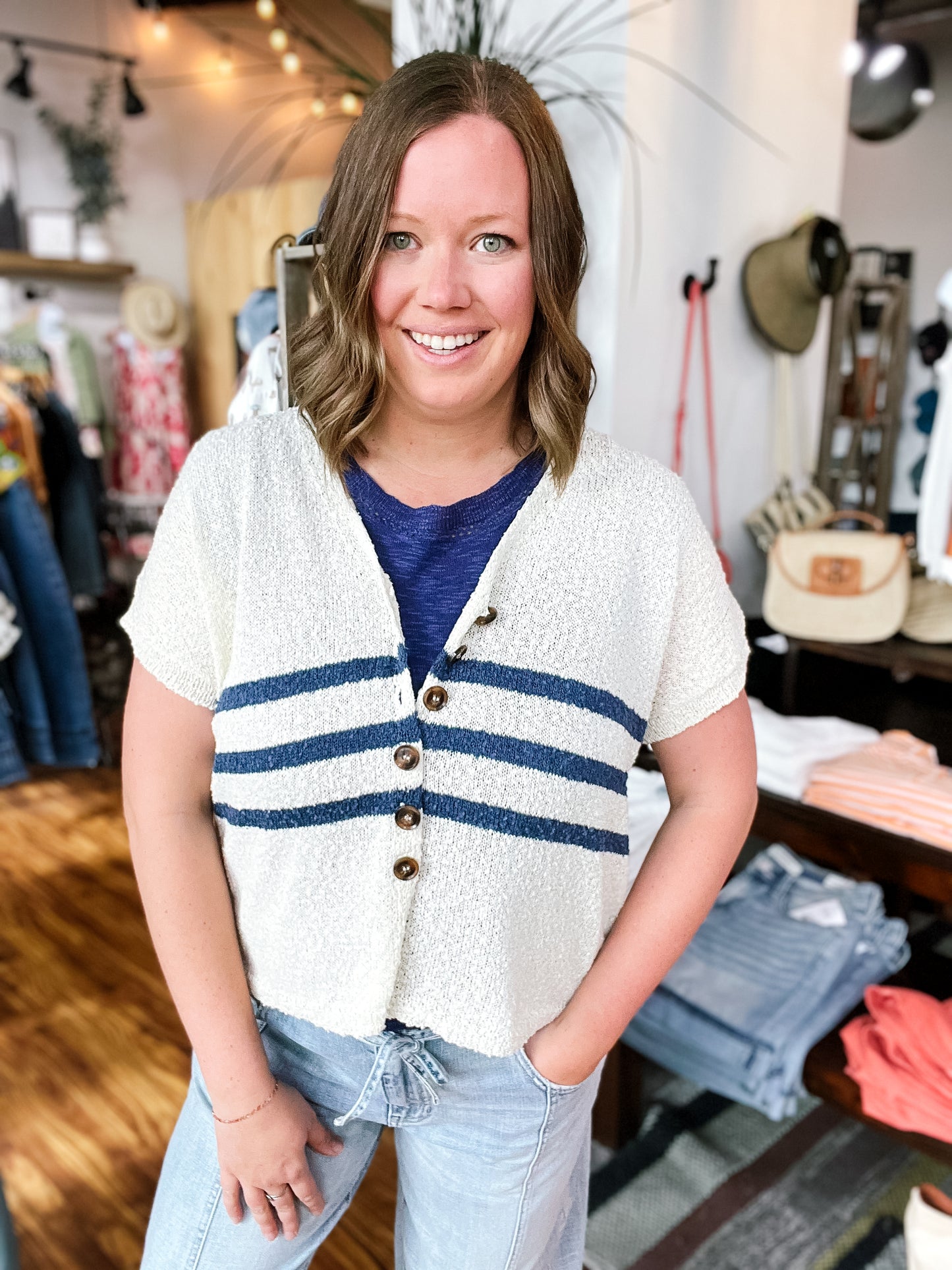 Cream & Navy Stripe Short Sleeve Cardigan