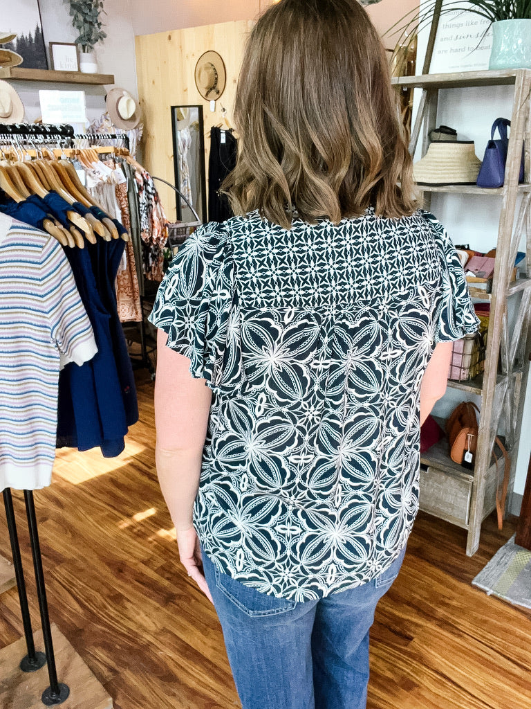 Navy & Cream Floral Top