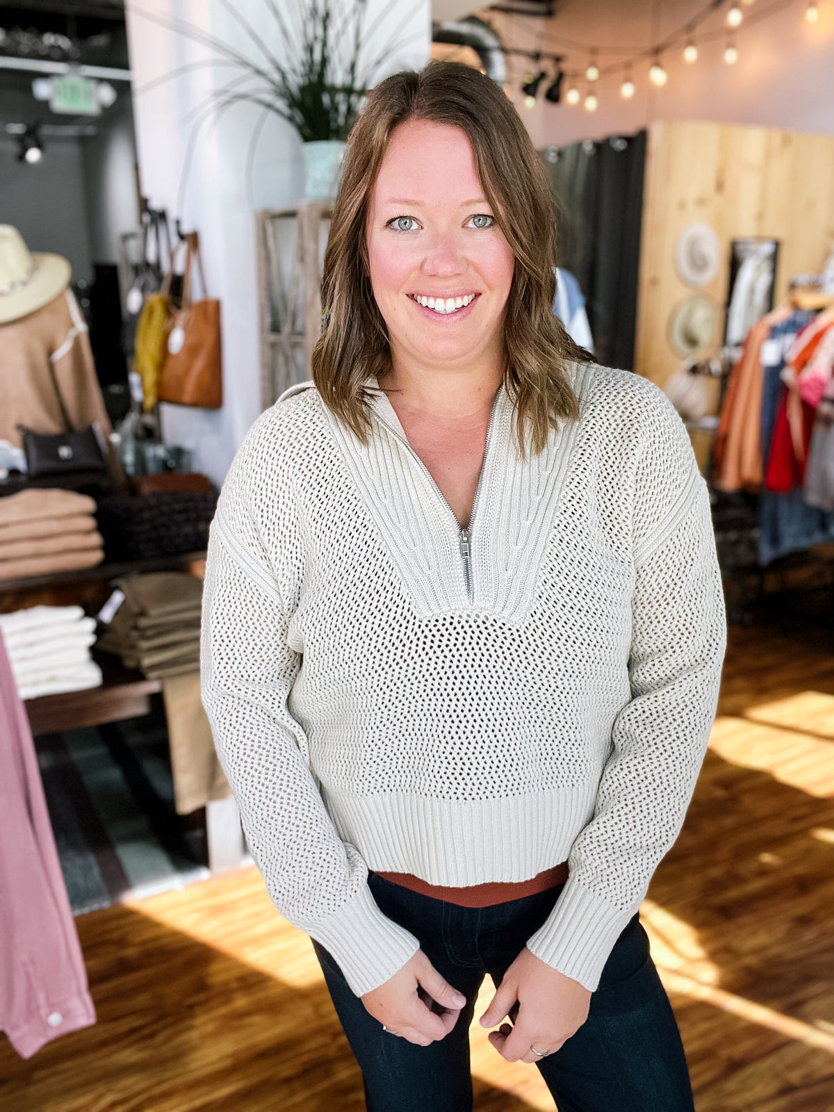 Beige Zipper Front Sweater