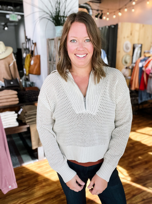 Beige Zipper Front Sweater