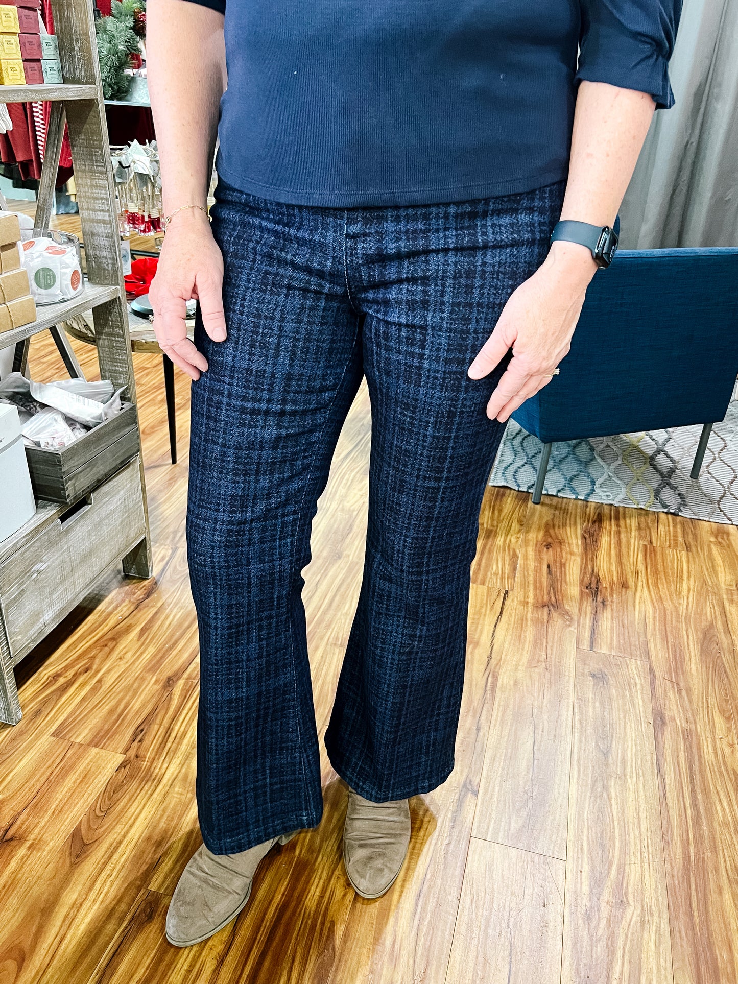 Hannah Flare Dark Blue Plaid Jean