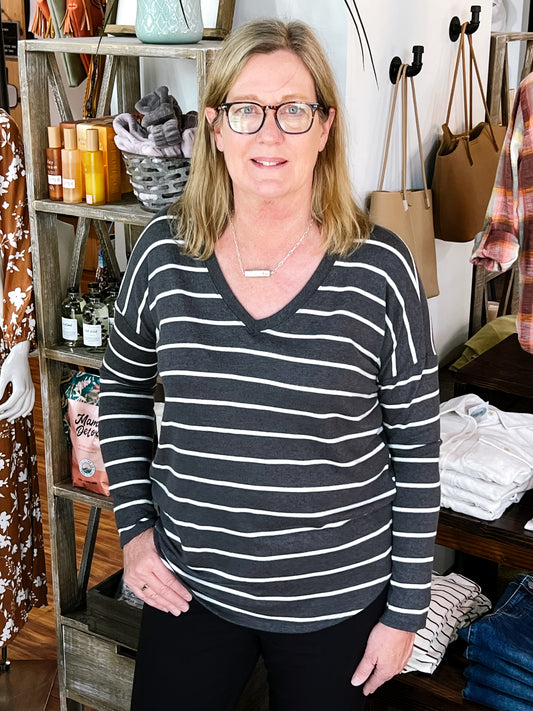 Black W/White Stripe V Neck Top